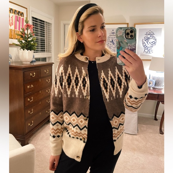 J Crew Fair Isle Buttoned Cardigan Sweater Brown/Cream Sz M - Picture 3 of 11